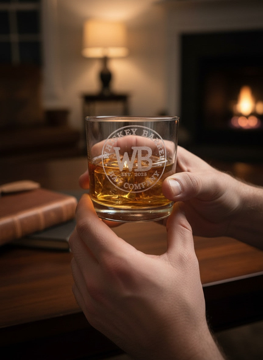 Whiskey Barrel Hat Company Etched Rocks Glass