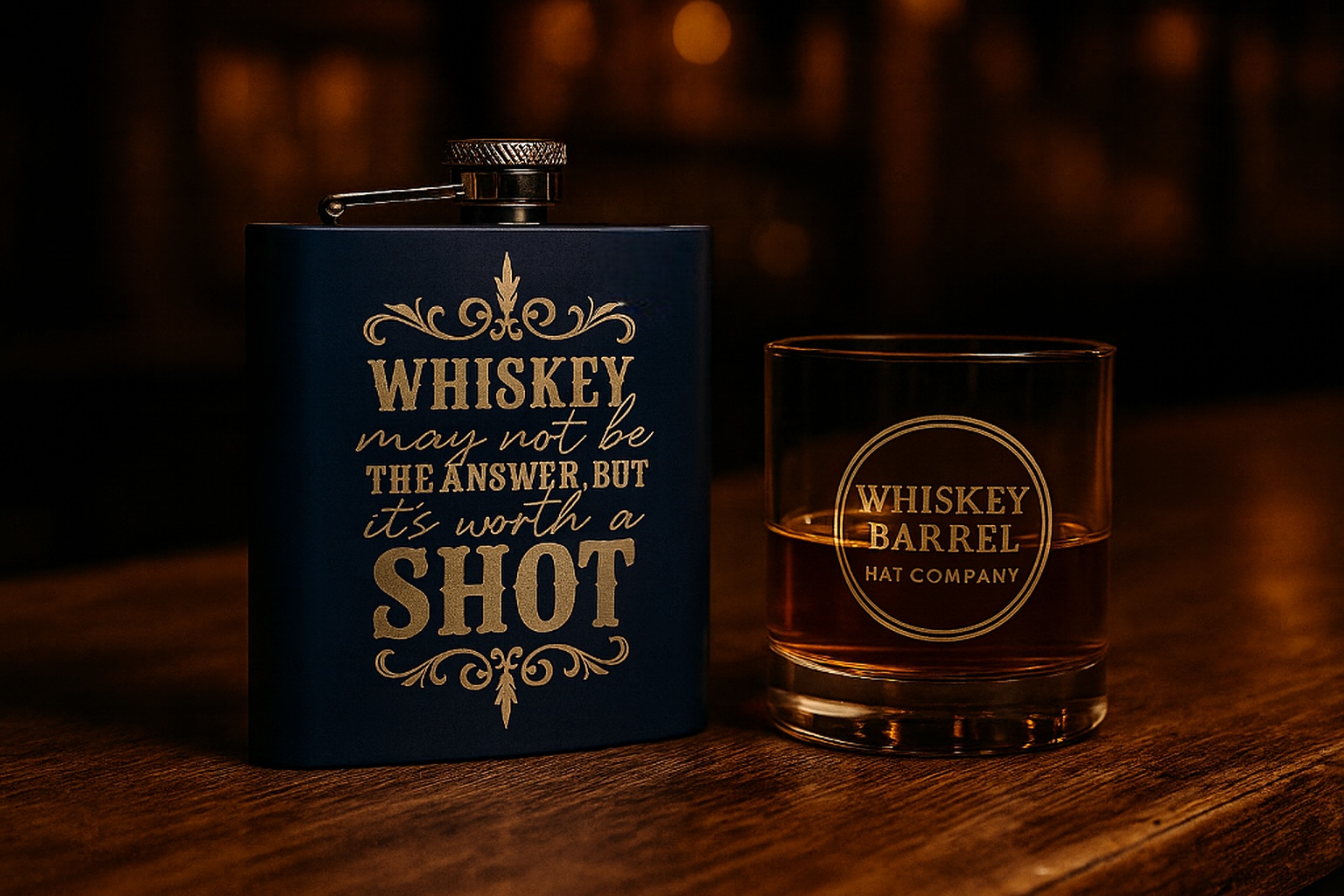 Whiskey Barrel Hat Company Engraved Flask