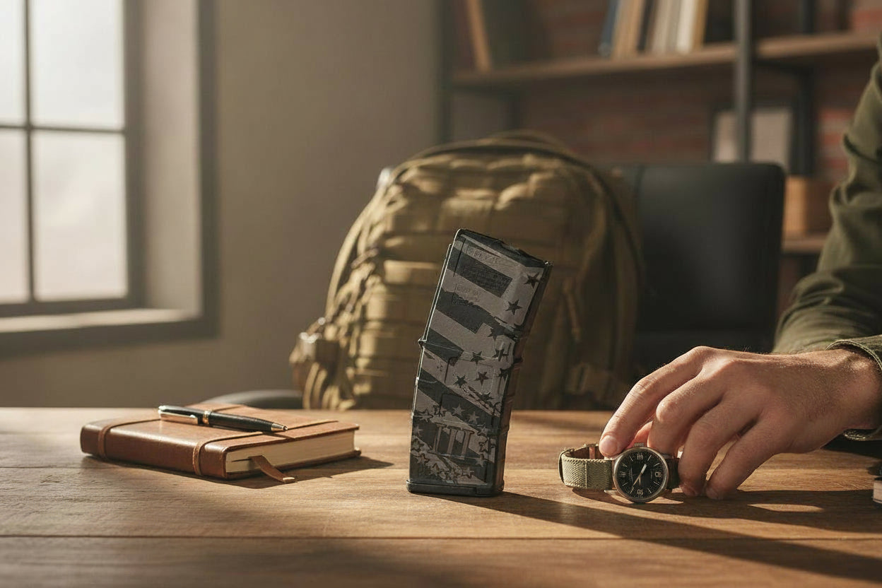 Person interacting with a watch on a wooden table with a book and backpack in the background